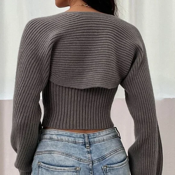 Grey Casual Womens Ripped Knit Knit Tube Top With Bolero - Picture 2 of 5